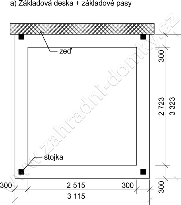 Přístřešek 300x270, sklon krokví 10° - betonová deska