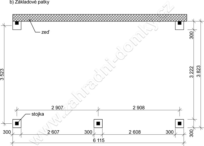 Přístřešek 350x570, sklon krokví 10° - betonové patky