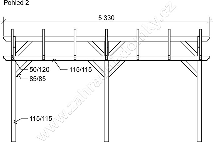 Pergola Standard 300x470, sklon krokví 10° - pohled 2