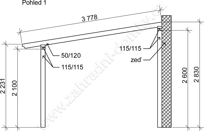 Přístřešek 300x270, sklon krokví 10° - pohled 1