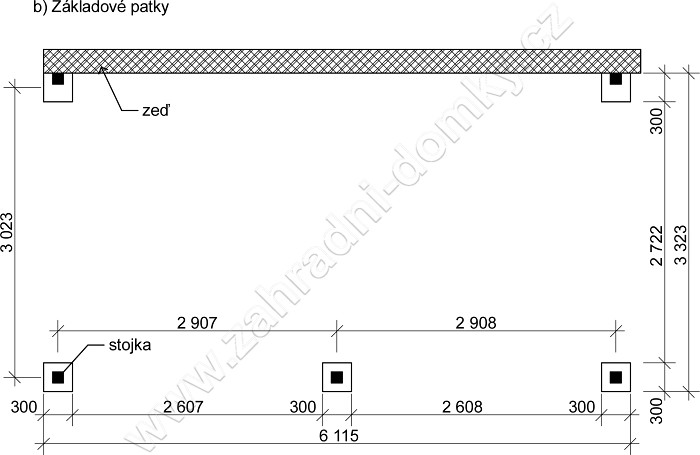 Přístřešek 300x570, sklon krokví 10° - betonové patky