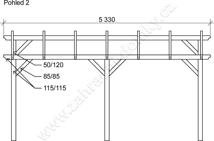 Přístřešek 250x470, sklon krokví 10° - pohled 2
