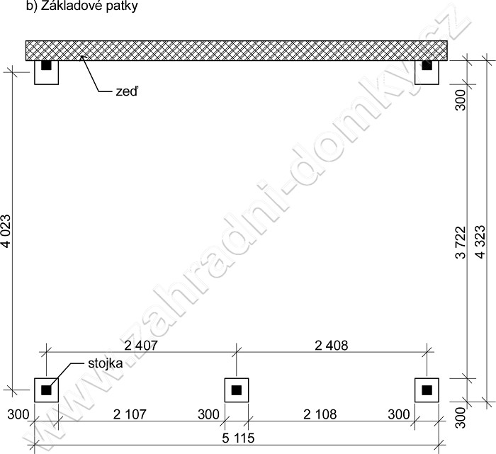 Přístřešek 400x470, sklon krokví 10° - betonové patky
